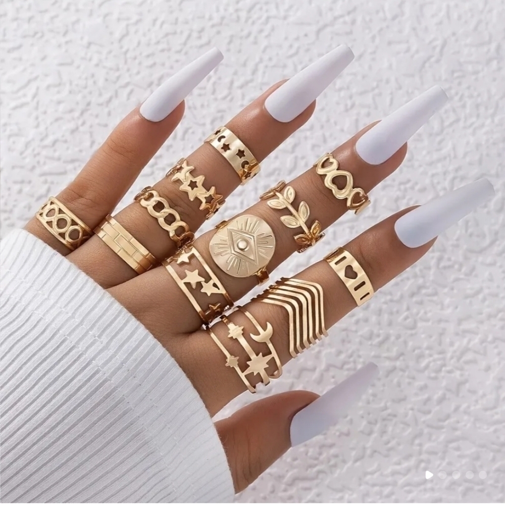 Bohemian Vintage Geometric Hollow Moon Eyes Stackable Rings 12pc Set